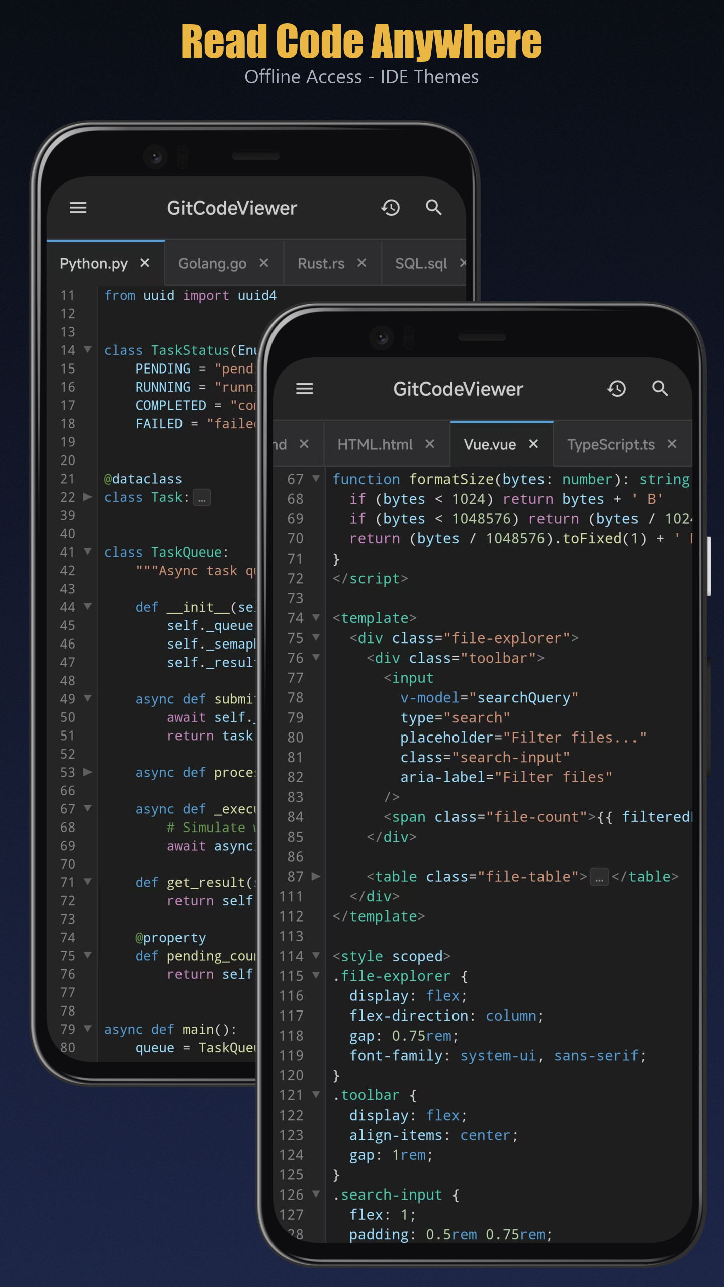Fullscreen code reading with syntax highlighting on mobile