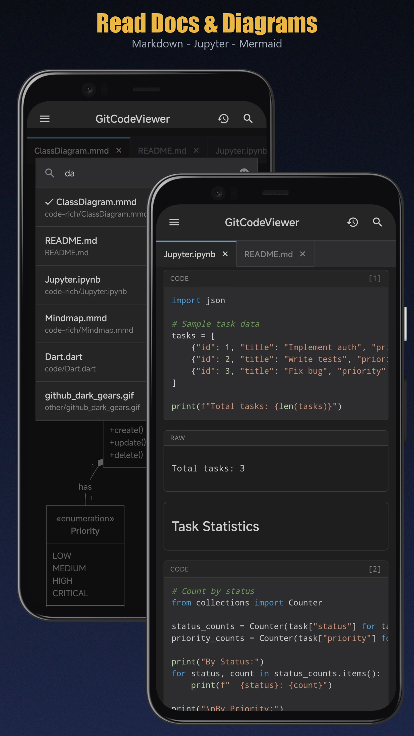 Markdown, diagram, and notebook documentation reading on mobile