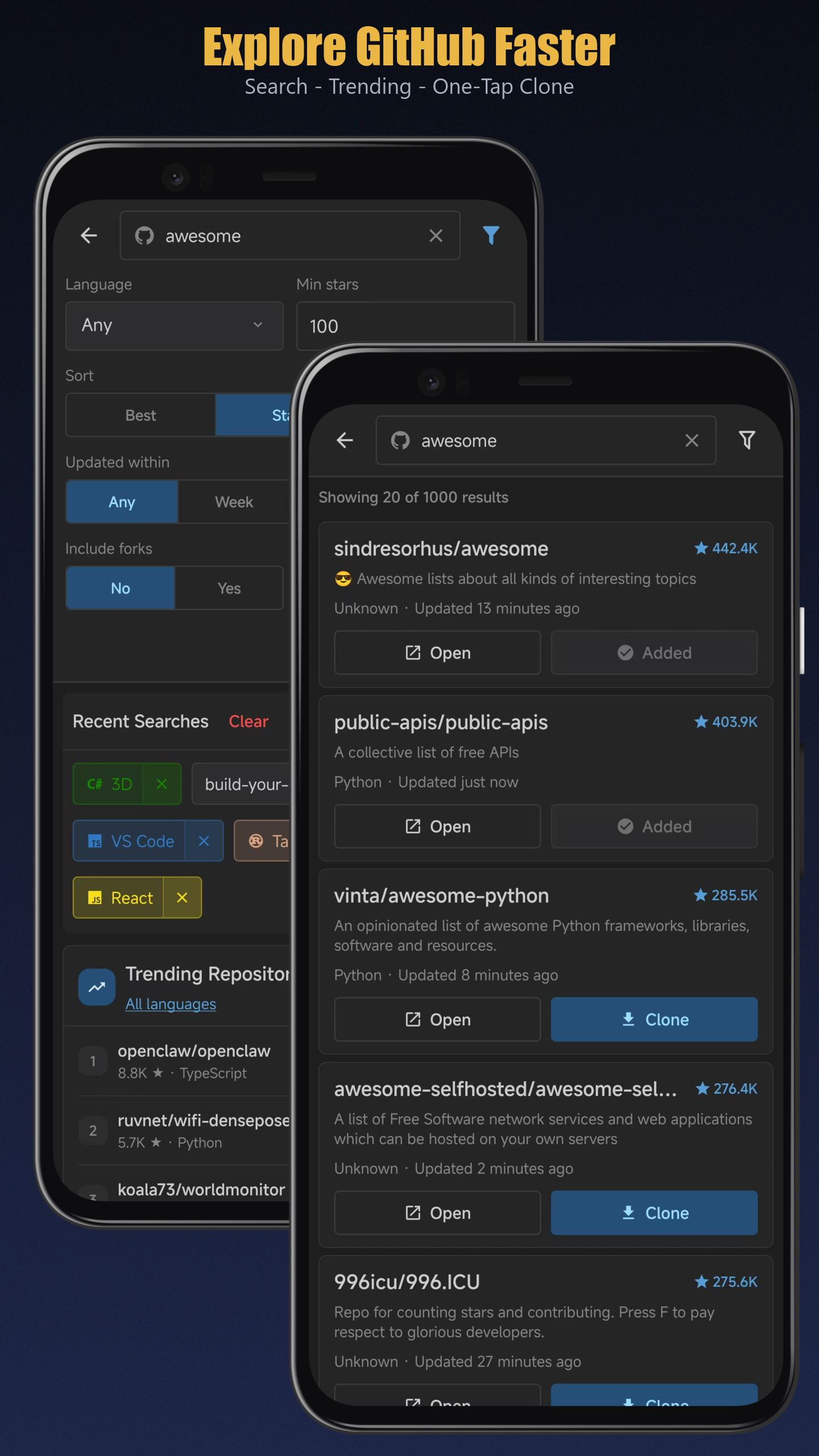 GitHub search and trending repository discovery on mobile