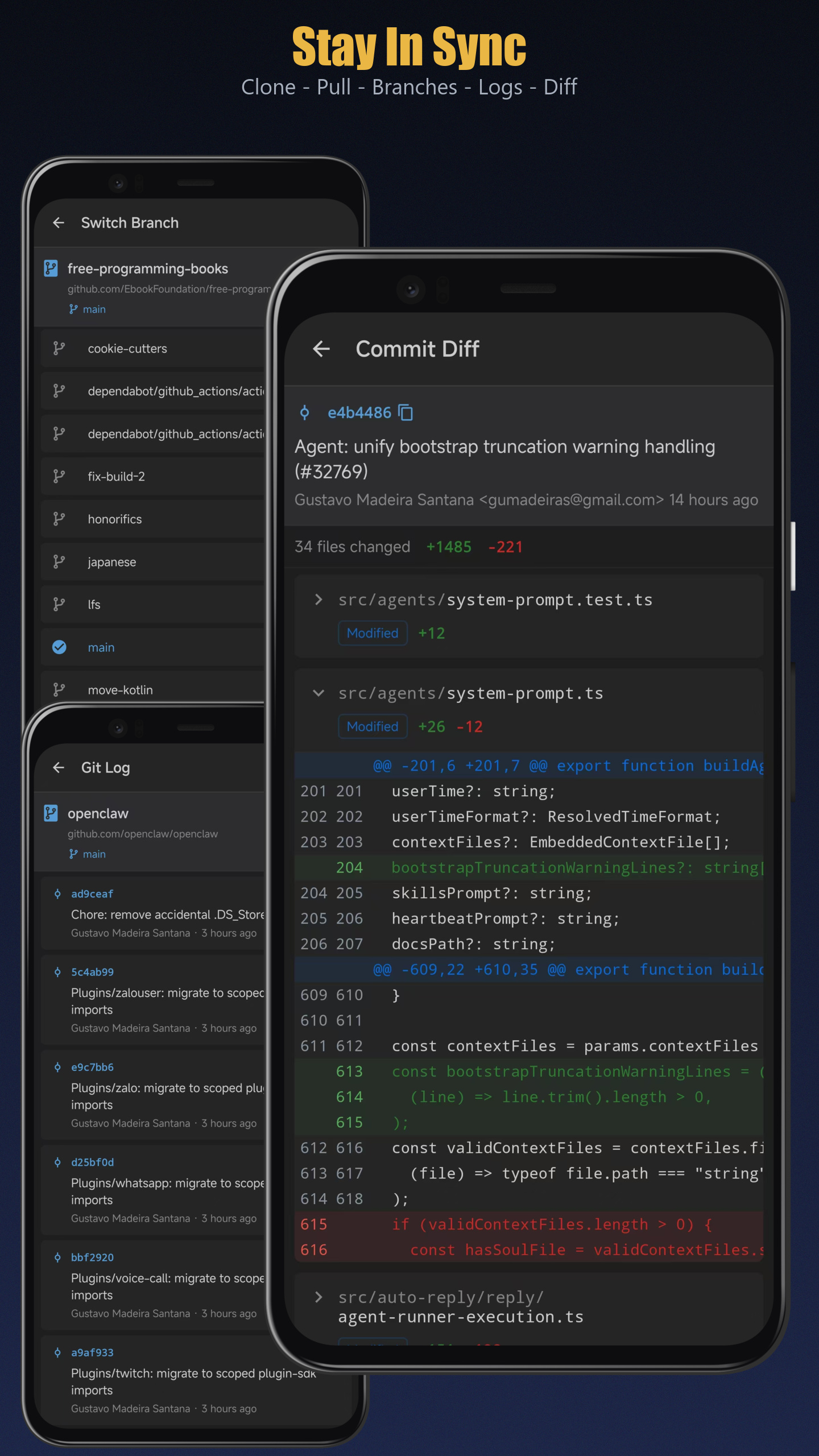 Desktop-class Git actions on mobile including branch, log, and diff