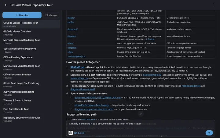 Chat del asistente de IA en tablet para explorar un repositorio
