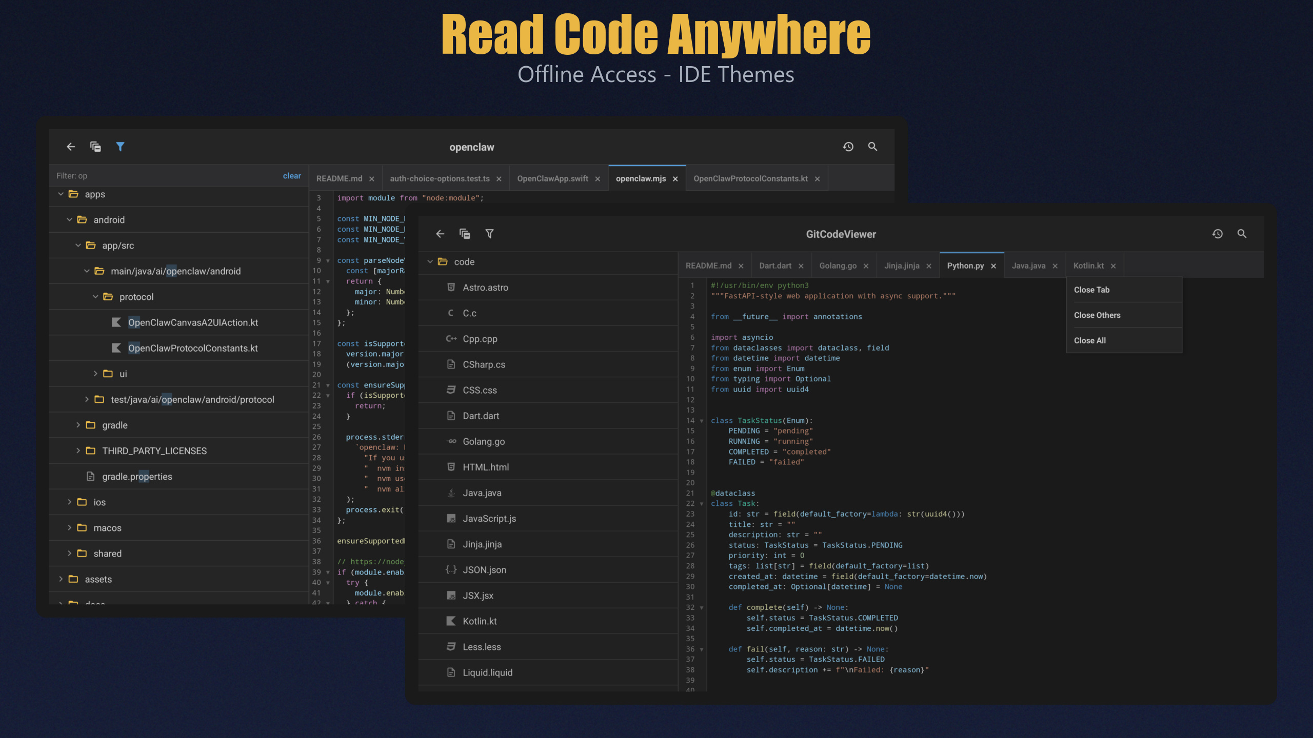 Tablet code reading layout with syntax highlighting