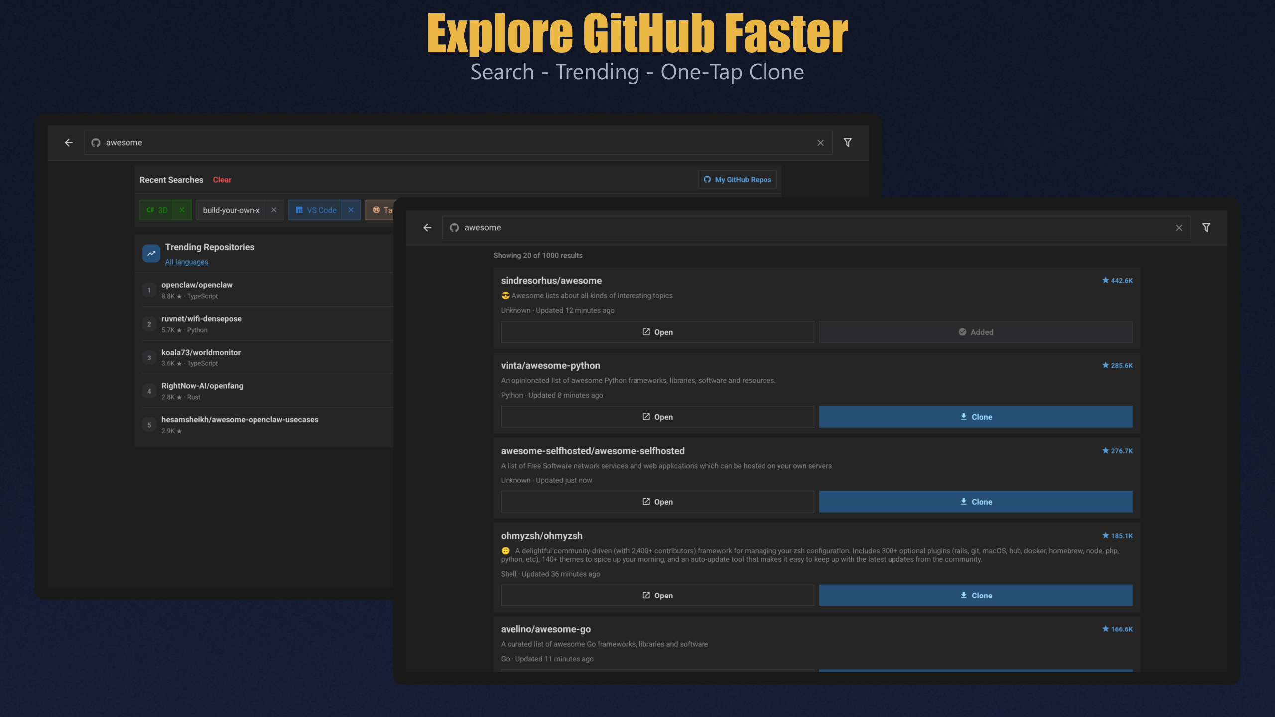 Tablet repository discovery with GitHub trending and search