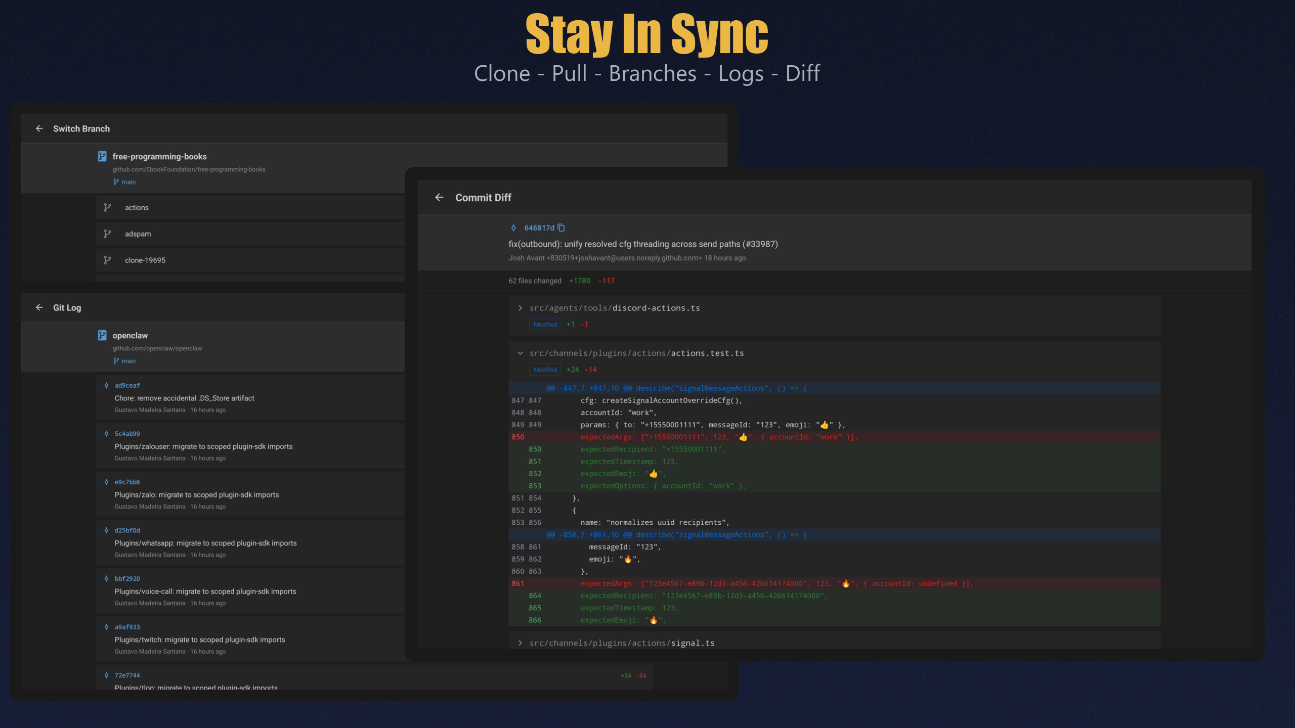 Tablet Git workflow for pull, branch, log, and diff review